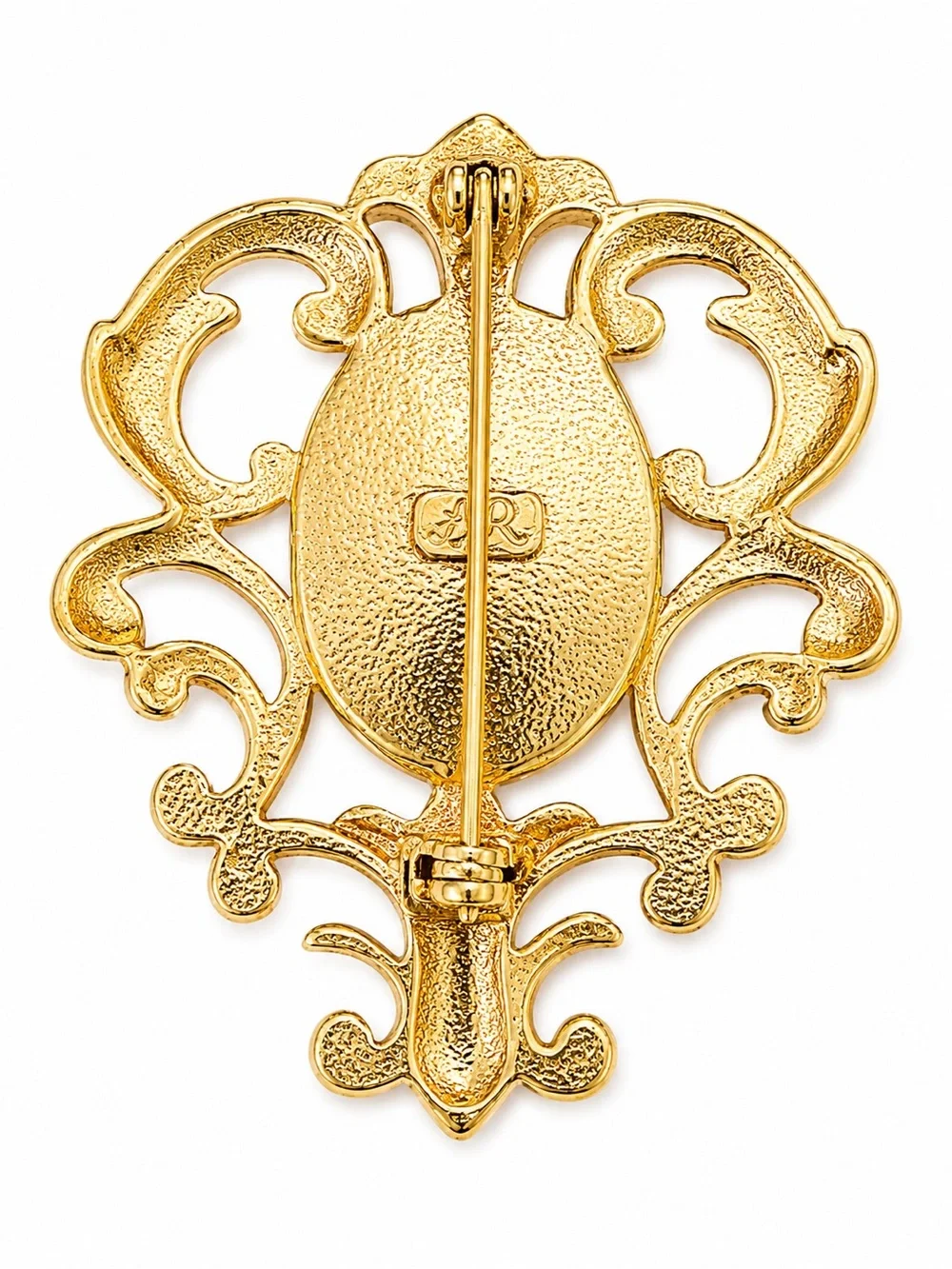 Vintage Signed LR Gold Tone Brooch‎ Hot Pink Glass Cabochon Ornate Statement Pin